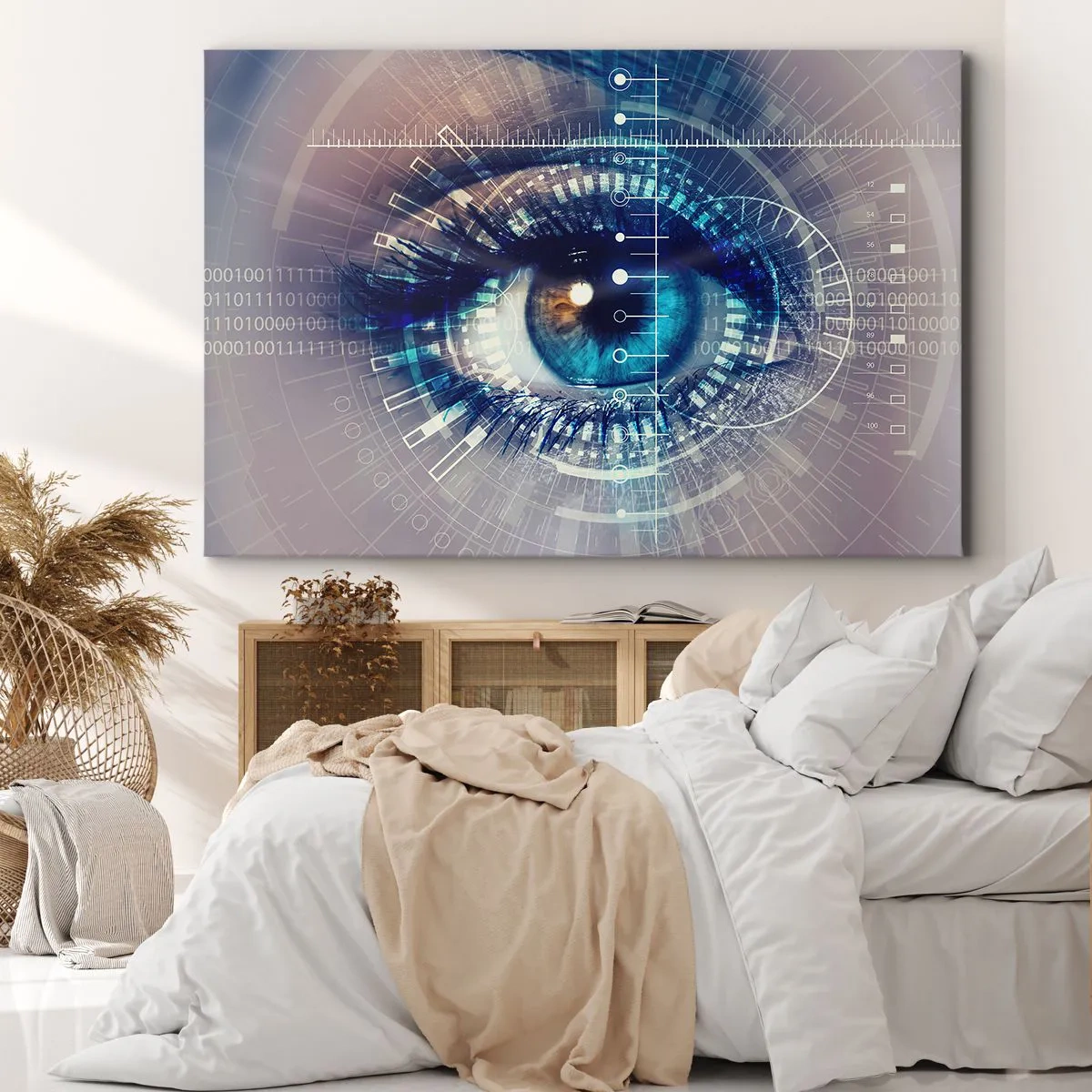 Obraz na płótnie - Technologiczne oko z futurystycznym interfejsem - 70x50cm - Myślisz, że mnie znasz - Nowoczesna dekoracja ścienna do salonu i sypialni ARTTOR