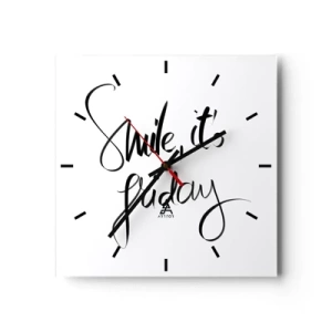 Zegar ścienny - Czarno-biały napis Smile, it's Friday - 30x30cm - Prawdziwa radość - Nowoczesna dekoracja ścienna do salonu i sypialni ARTTOR