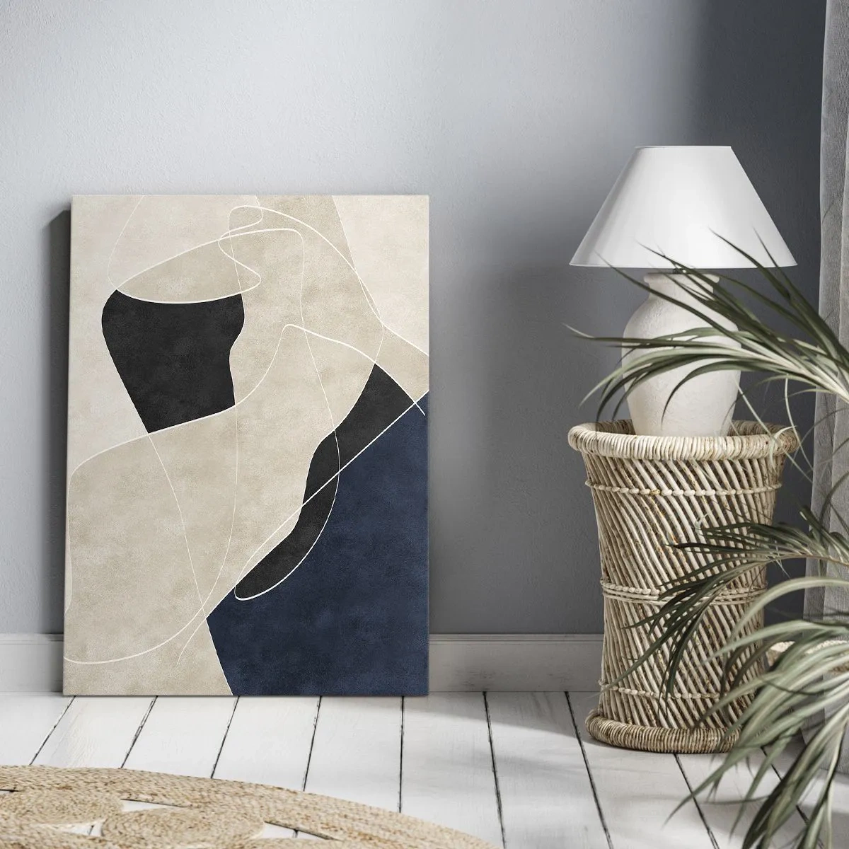 Obraz na płótnie - Geometryczna abstrakcja w beżu, czerni i granacie z liniami - 50x70cm - Kompozycja abstrakcyjna – kontrast barw - Nowoczesna dekoracja ścienna do salonu, kuchni i sypialni ARTTOR