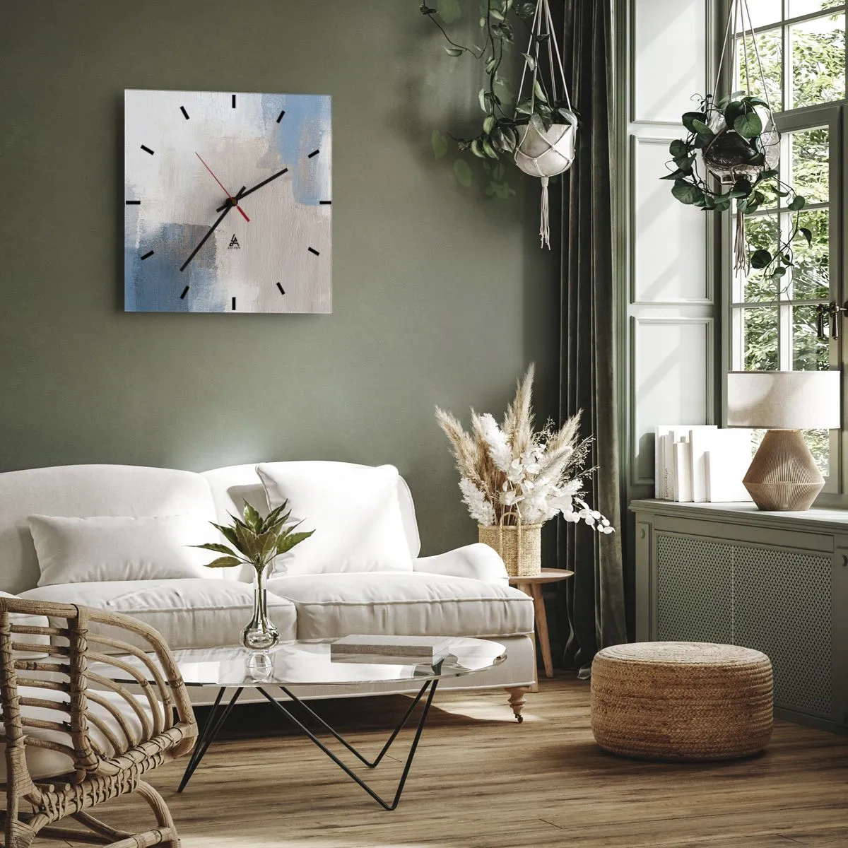 Zegar ścienny - Abstrakcyjne kształty w odcieniach błękitu i beżu - 30x30cm - Abstrakcja różowa za zasłoną błękitu - Nowoczesna dekoracja ścienna do salonu i sypialni ARTTOR