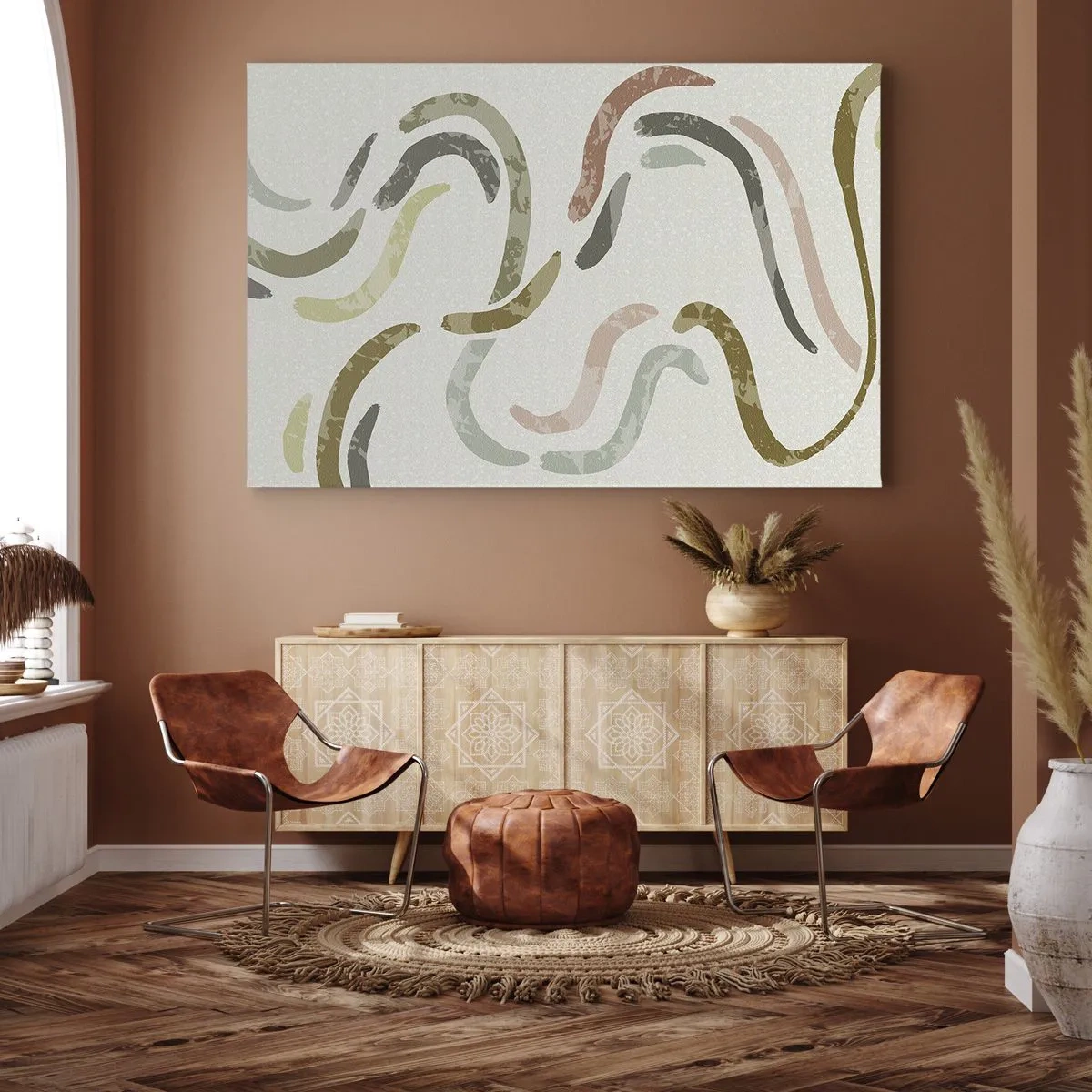 Obraz na płótnie - Abstrakcyjne łuki w pastelowej kolorystyce - 100x70cm - Radosny taniec abstrakcji - Nowoczesna dekoracja ścienna do salonu, kuchni i sypialni ARTTOR