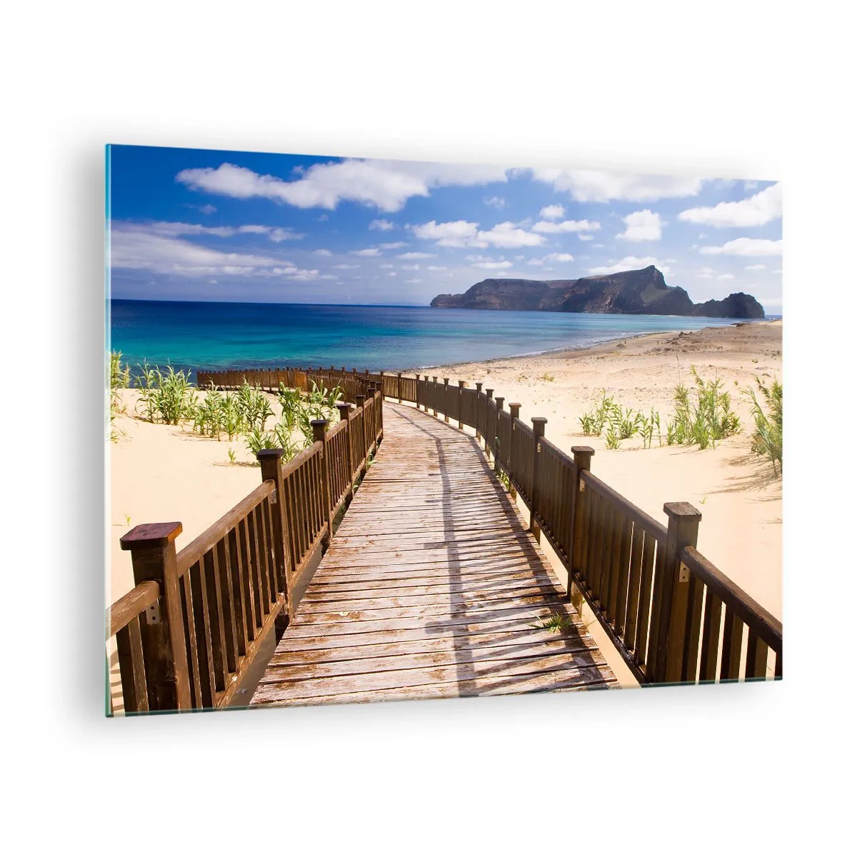 Obraz na szkle - Drewniana ścieżka na plaży prowadząca do morza - 70x50cm - Zabierz mnie na wyspy szczęśliwe - Nowoczesna dekoracja ścienna do salonu i sypialni ARTTOR