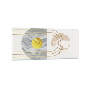 Obraz na szkle - Abstrakcyjna kompozycja z okręgami i złotymi liniami na jasnym tle - 120x50cm - Jasność i blask - Nowoczesna dekoracja ścienna do salonu i sypialni ARTTOR