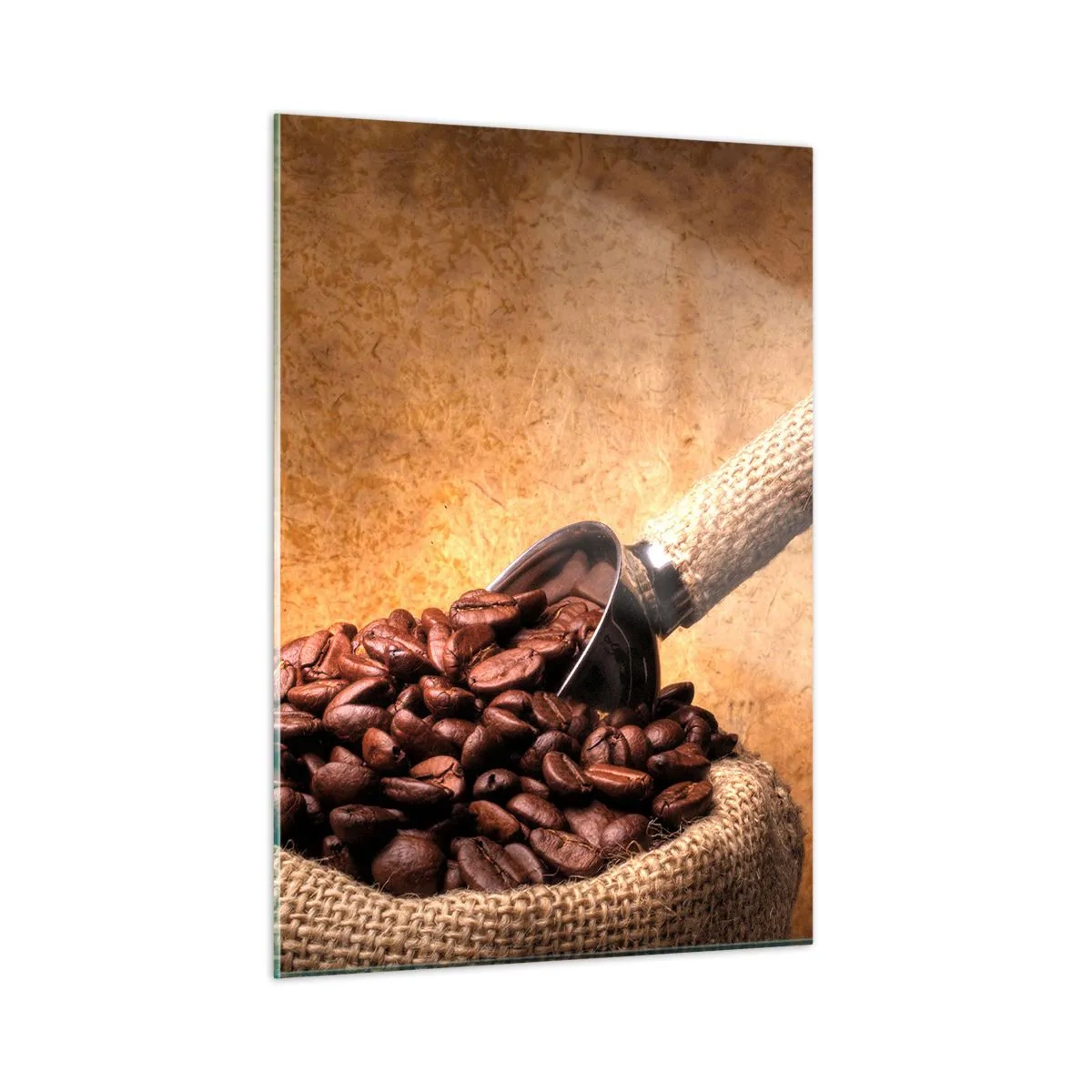 Obraz na szkle - Ziarna kawy w worku jutowym z metalową łopatką - 50x70cm - U źródeł smaku - Nowoczesna dekoracja ścienna do salonu, kuchni i sypialni ARTTOR