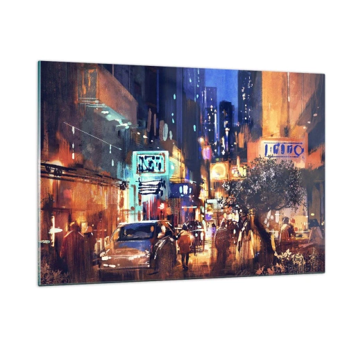 Obraz na szkle - Malownicza nocna scena miasta z neonami i ulicznym ruchem - 120x80cm - A miasto nie śpi - Nowoczesna dekoracja ścienna do salonu, kuchni i sypialni ARTTOR