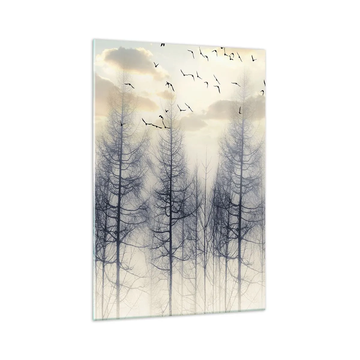 Obraz na szkle - Mglisty las z ptakami na tle nieba o zachodzie - 70x100cm - Duchy lasu - Nowoczesna dekoracja ścienna do salonu i sypialni ARTTOR