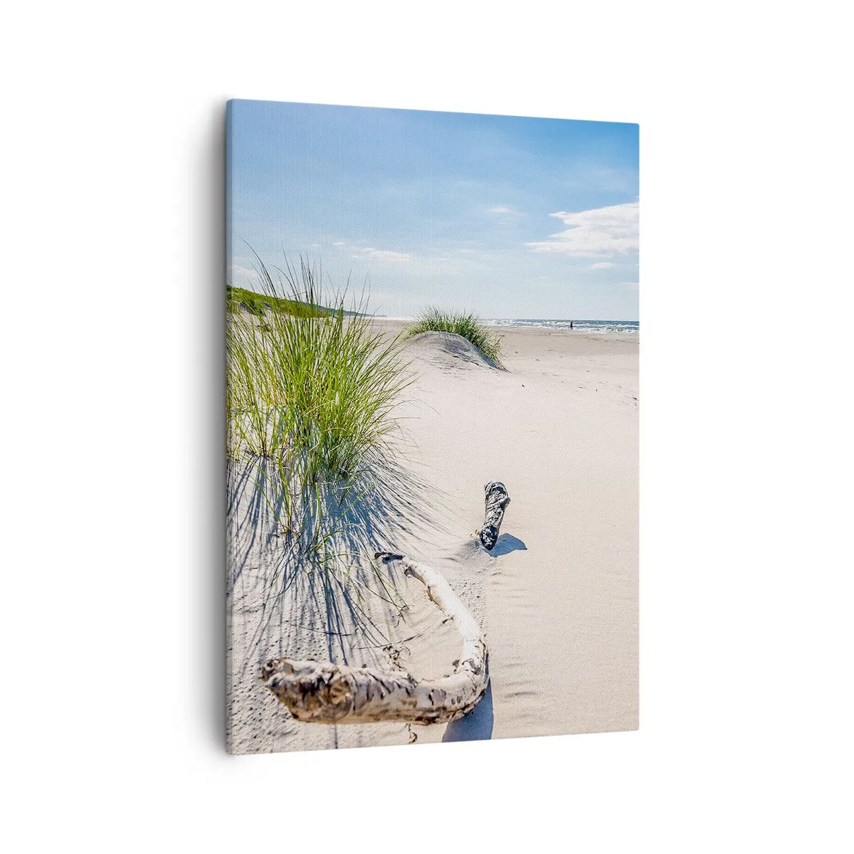 Obraz na płótnie - Plaża z białym piaskiem, trawą i kawałkiem drewna na wydmie - 50x70cm - Najpiękniejsza? Bałtycka - Nowoczesna dekoracja ścienna do salonu, kuchni i sypialni ARTTOR