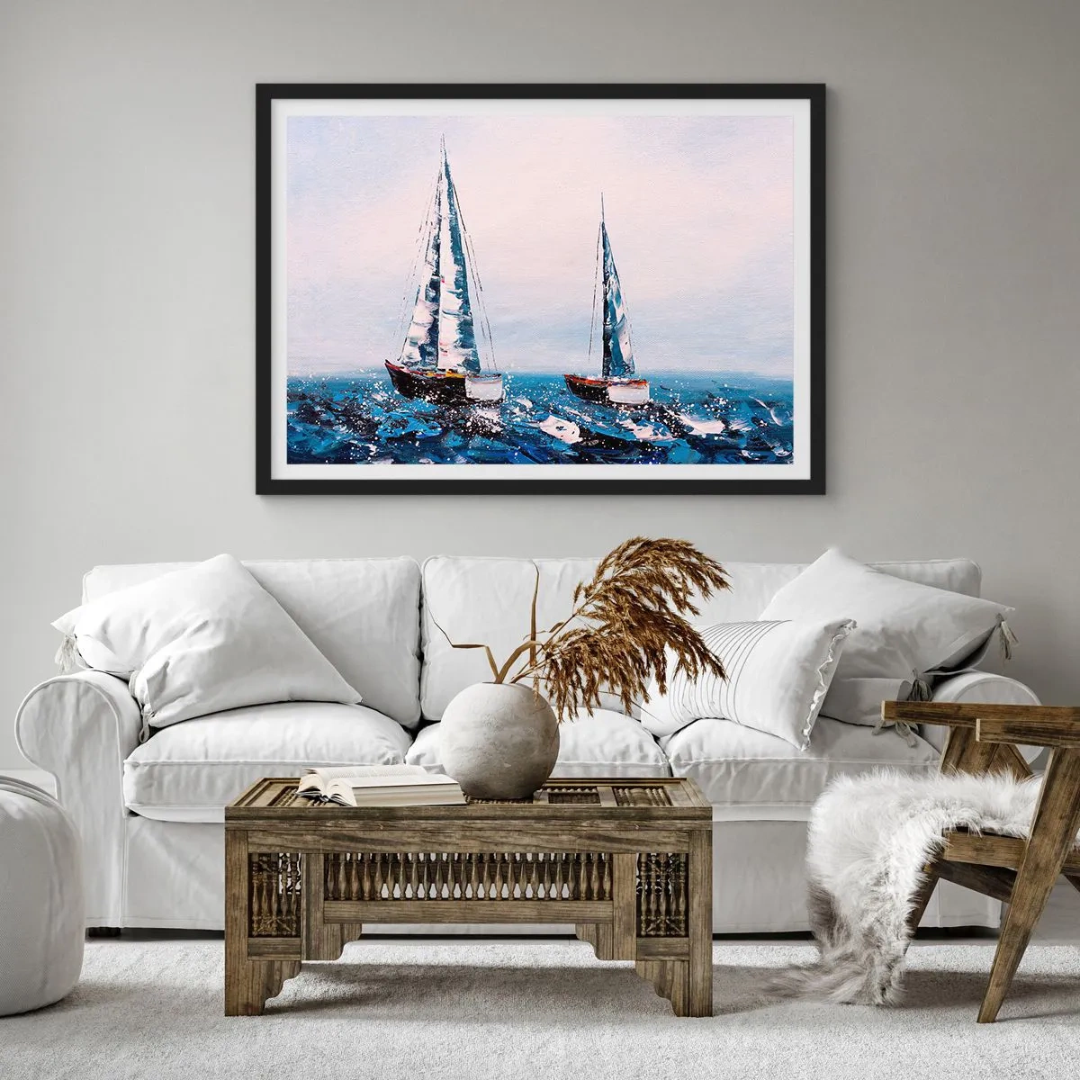 Plakat w czarnej ramie - Żaglówki na wzburzonym morzu w malarskiej kompozycji - 70x50cm - Braterstwo wiatru - Nowoczesna dekoracja ścienna do salonu i sypialni ARTTOR