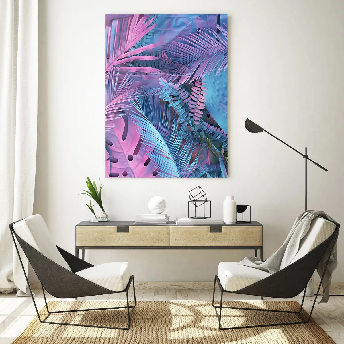 Obraz na szkle - Tropikalne liście w odcieniach różu i błękitu na tle neonowym - 50x70cm - Tropiki w różu i błękicie - Nowoczesna dekoracja ścienna do salonu, kuchni i sypialni ARTTOR