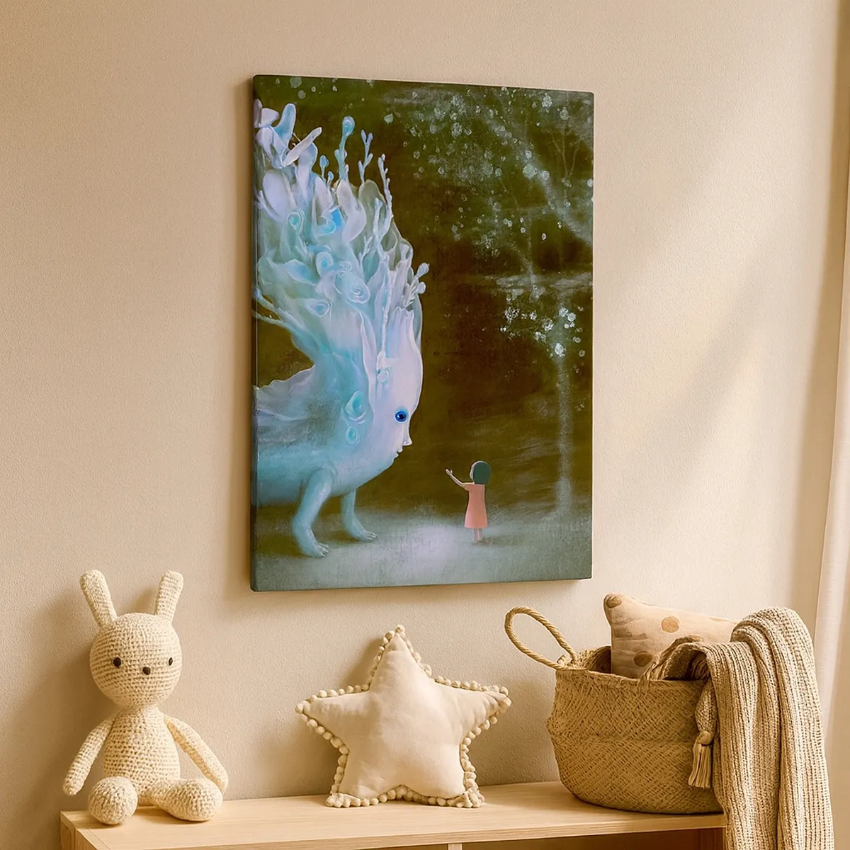 Obraz na płótnie - Dziewczynka spotykająca fantastyczne stworzenie w lesie - 50x70cm - Fantastyczne spotkanie - Nowoczesna dekoracja ścienna do salonu, kuchni i sypialni ARTTOR