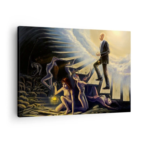 Obraz na płótnie - Symboliczna scena drogi do światła przez zniszczone schody - 70x50cm - Dantejska wędrówka ku światłu - Nowoczesna dekoracja ścienna do salonu i sypialni ARTTOR
