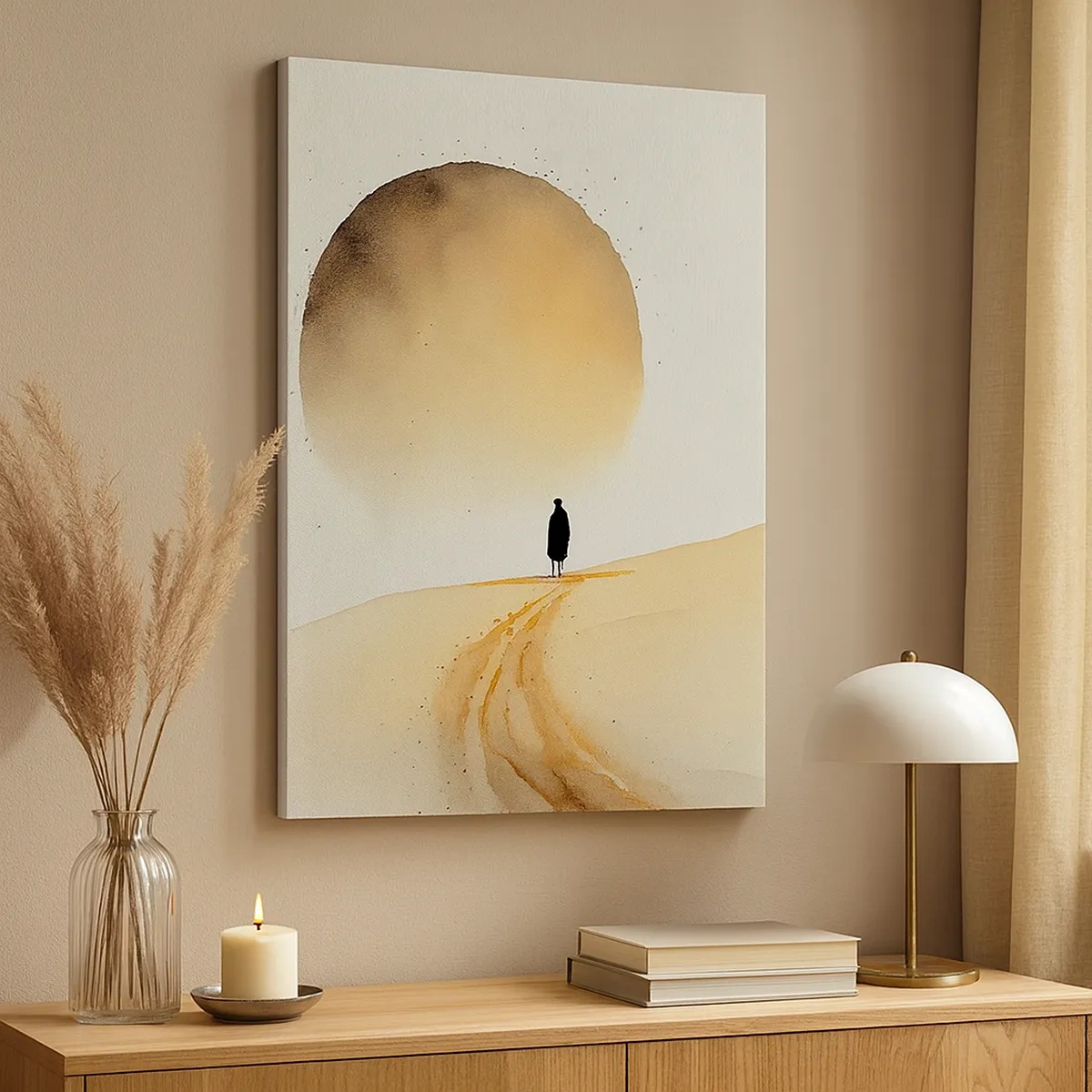 Obraz na płótnie - Minimalistyczna postać na pustynnej drodze z wielkim słońcem - 50x70cm - Zawsze tęsknota - Nowoczesna dekoracja ścienna do salonu, kuchni i sypialni ARTTOR