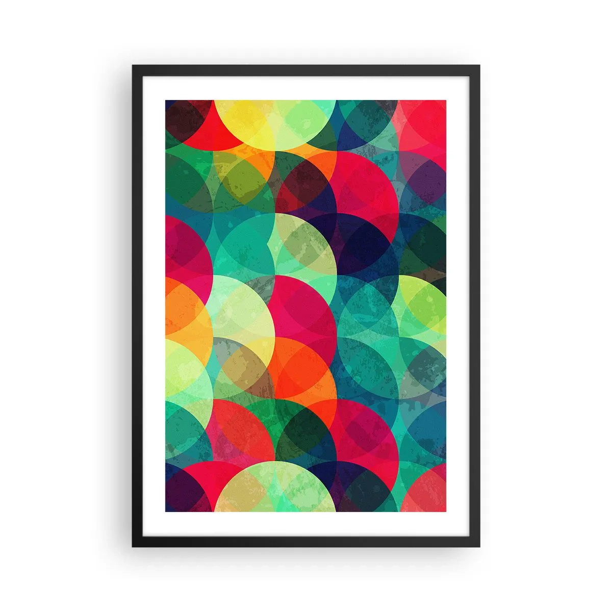 Plakat w czarnej ramie - Abstrakcyjne, kolorowe koła nakładające się na siebie - 50x70cm - Wtęczowstąpienie - Nowoczesna dekoracja ścienna do salonu i sypialni ARTTOR