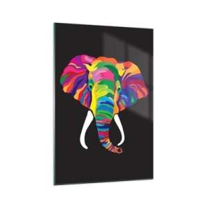 Obraz na szkle - Kolorowy wizerunek słonia na czarnym tle - 70x100cm - Słoń, który kochał kąpać się w tęczy - Nowoczesna dekoracja ścienna do salonu i sypialni ARTTOR