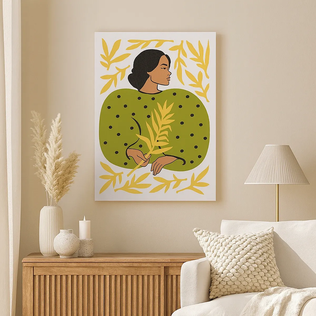 Obraz na płótnie - Kobieta w zielonej sukni z liściastym motywem na jasnym tle - 50x70cm - Hawajska dziewczyna - Nowoczesna dekoracja ścienna do salonu, kuchni i sypialni ARTTOR