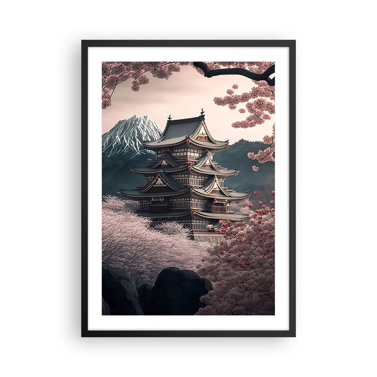 Plakat w czarnej ramie - Japońska pagoda wśród kwitnących wiśni - 50x70cm - Kraj kwitnącej wiśni - Nowoczesna dekoracja ścienna do salonu i sypialni ARTTOR