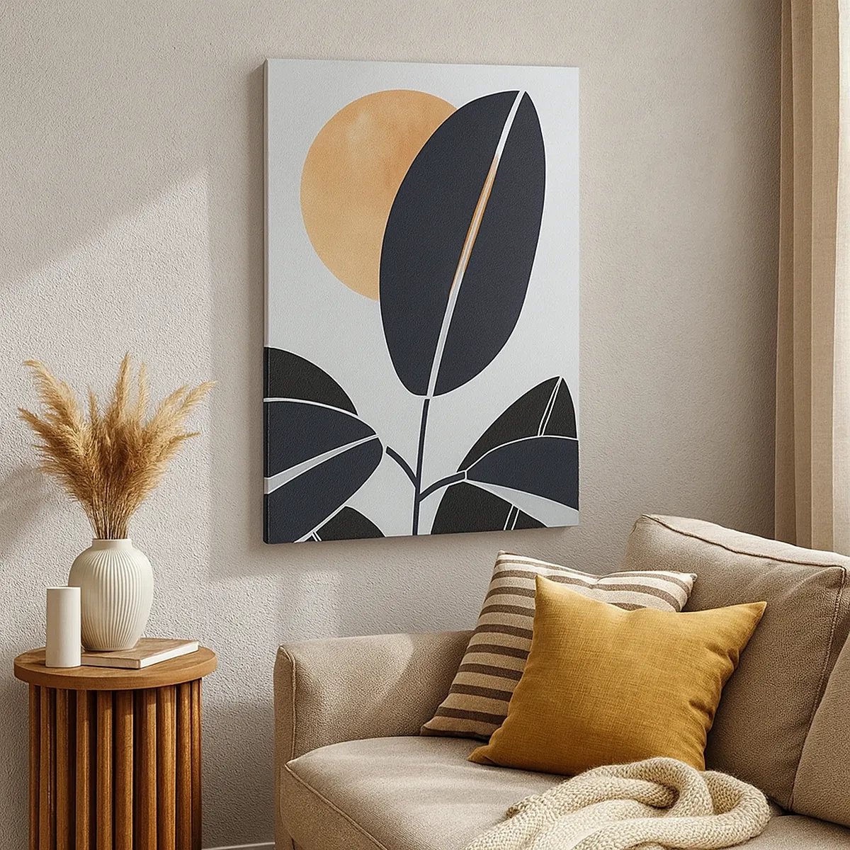 Obraz na płótnie - Minimalistyczne liście i słońce - 50x70cm - Dzień gorącego lata - Nowoczesna dekoracja ścienna do salonu, kuchni i sypialni ARTTOR