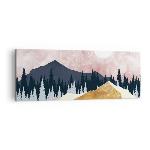 Obraz na płótnie - Kolorowe góry na tle różowego nieba z księżycem - 140x50cm - Nocna straż - Nowoczesna dekoracja ścienna do salonu i sypialni ARTTOR