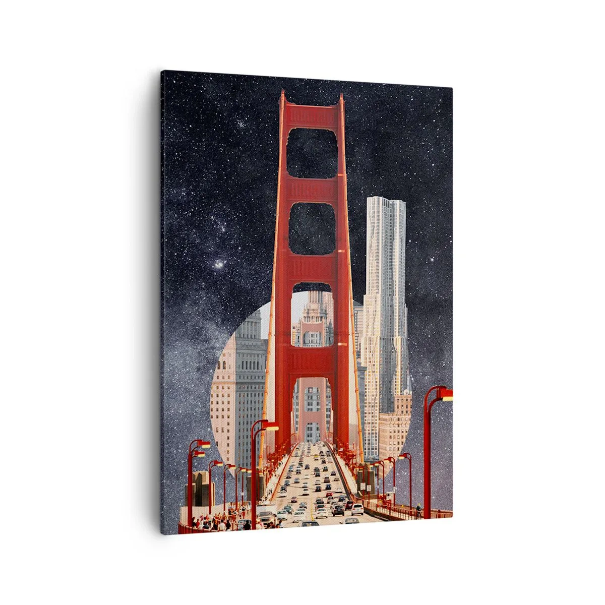 Obraz na płótnie - Most Golden Gate na tle futurystycznego miasta i rozgwieżdżonego nieba - 50x70cm - Zawsze w centrum - Nowoczesna dekoracja ścienna do salonu, kuchni i sypialni ARTTOR