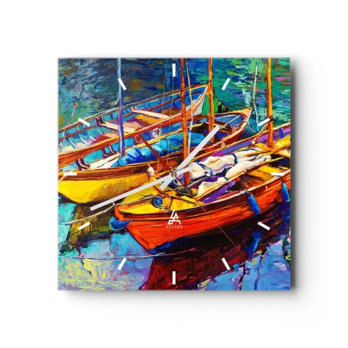 Zegar ścienny - Kolorowe łodzie na spokojnej wodzie - 30x30cm - Na wodzie gęstej od barw - Nowoczesna dekoracja ścienna do salonu i sypialni ARTTOR