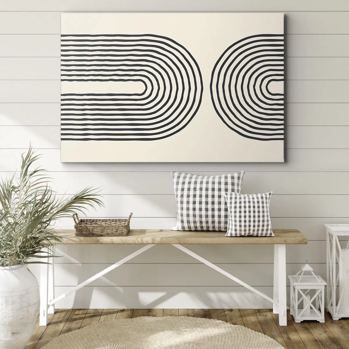Obraz na płótnie - Abstrakcyjny wzór geometryczny z symetrycznymi liniami na jasnym tle - 70x50cm - Już za chwilę… - Nowoczesna dekoracja ścienna do salonu i sypialni ARTTOR
