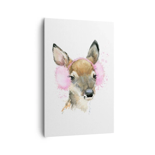 Obraz na płótnie - Akwarelowy jeleń w różowych nausznikach - 80x120cm - I mróz już niestraszny - Nowoczesna dekoracja ścienna do salonu i sypialni ARTTOR
