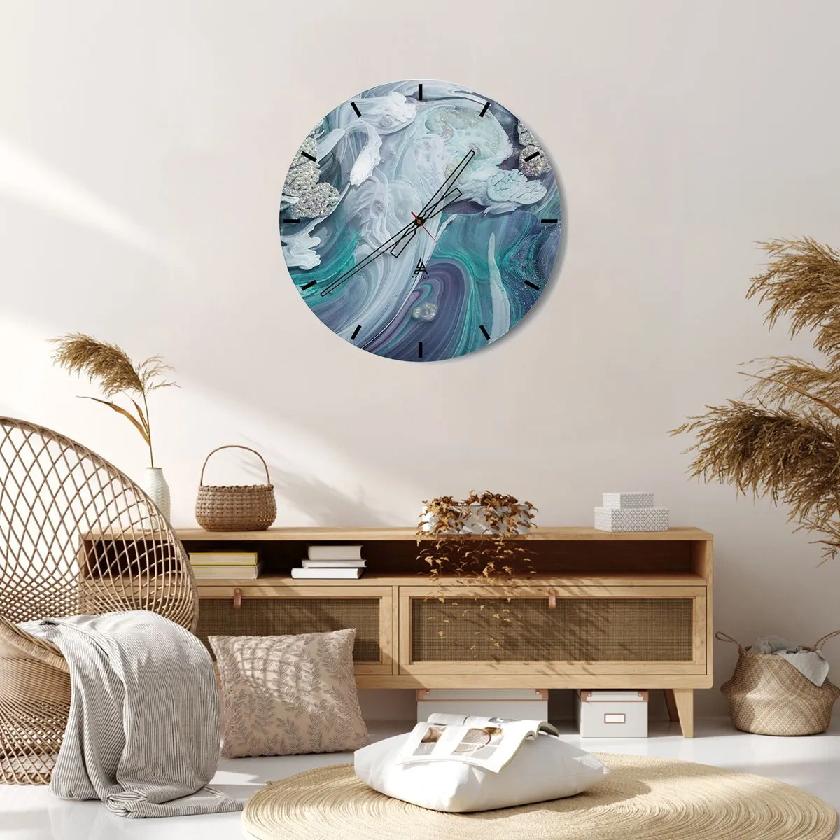 Zegar ścienny - Abstrakcyjna kompozycja w błękitach i turkusach z brokatem - 30x30cm - Nurty błękitu - Nowoczesna dekoracja ścienna do salonu, kuchni i sypialni ARTTOR