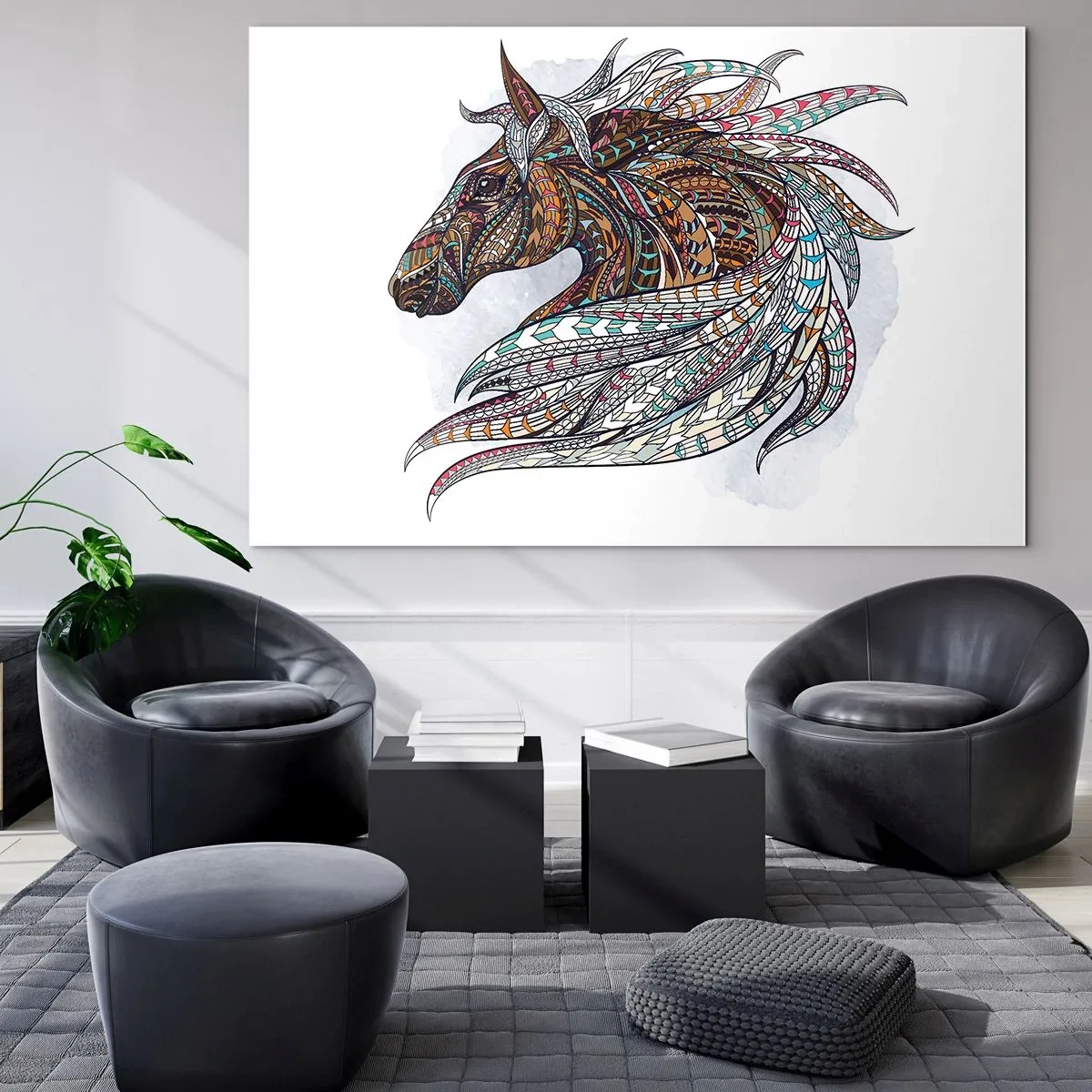 Obraz na szkle - Kolorowy koń w stylu artystycznym z geometrycznymi wzorami - 120x80cm - Rumak celtyckiego wojownika - Nowoczesna dekoracja ścienna do salonu, kuchni i sypialni ARTTOR