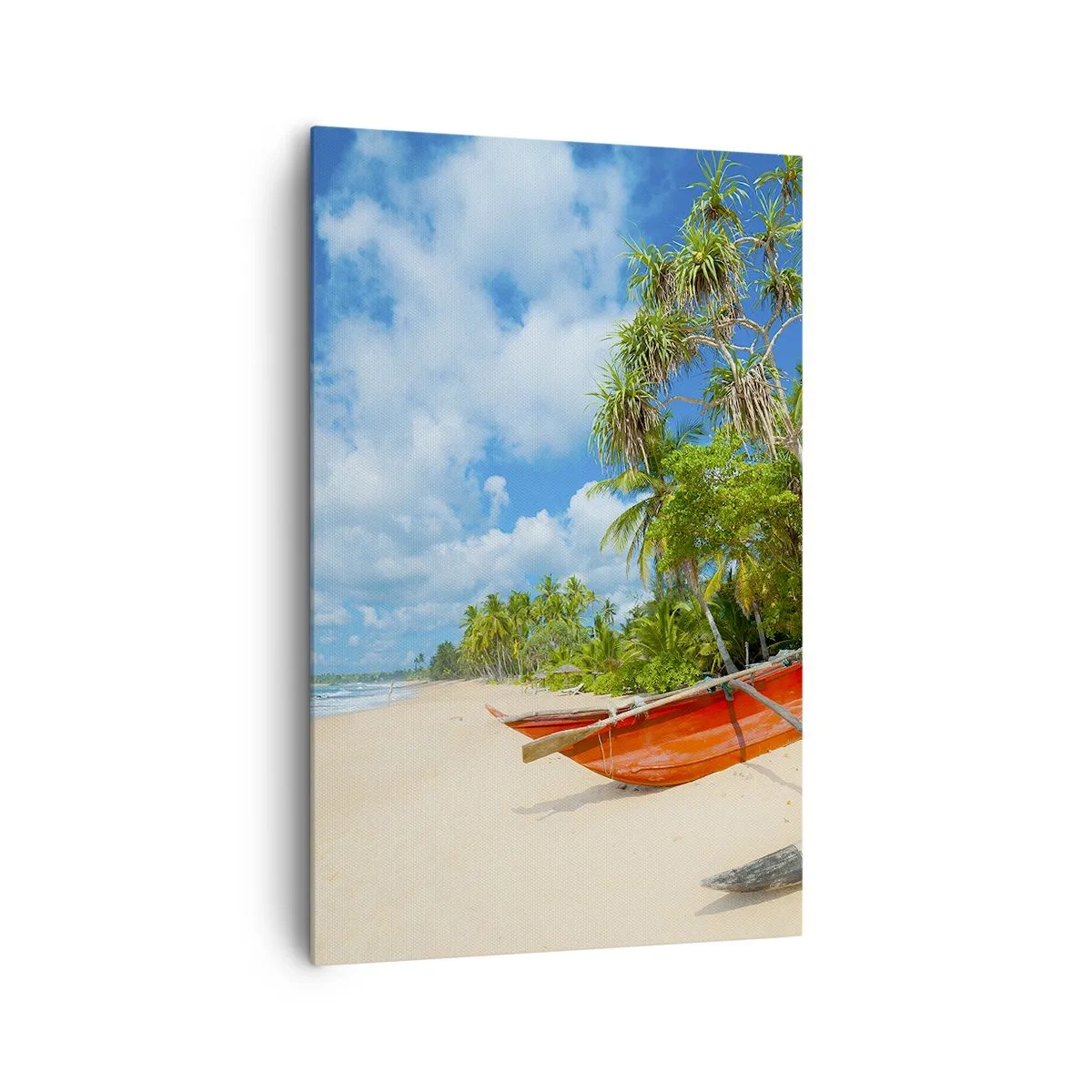 Obraz na płótnie - Tropikalna plaża z palmami i kolorowymi łodziami - 80x120cm - Urok tropików - Nowoczesna dekoracja ścienna do salonu i sypialni ARTTOR