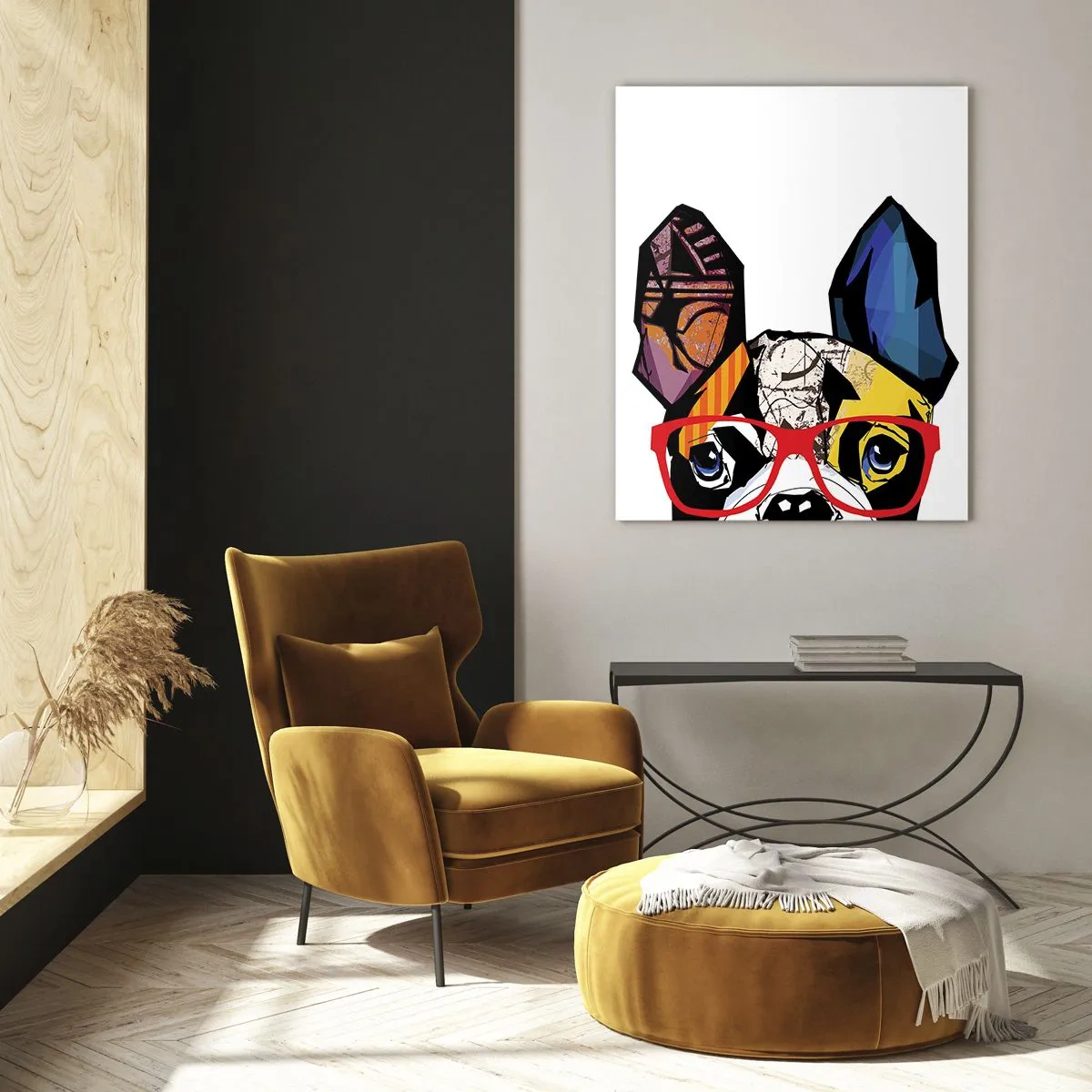 Obraz na szkle - Bulldog w kolorowych okularach na białym tle - 50x70cm - Intelektualista - Nowoczesna dekoracja ścienna do salonu, kuchni i sypialni ARTTOR