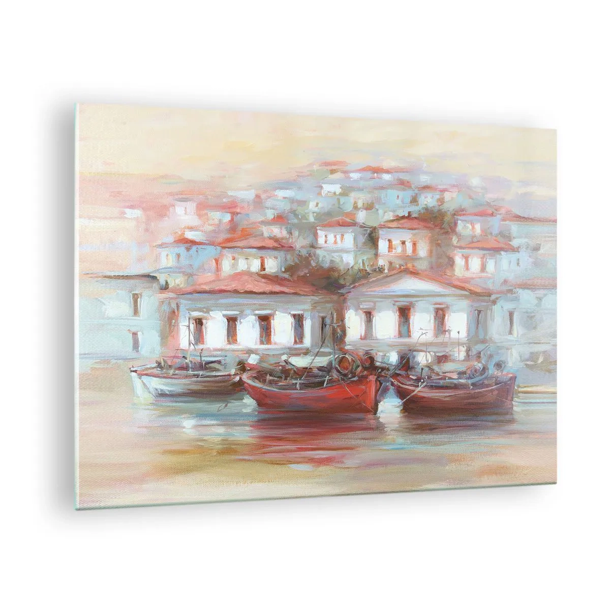 Obraz na szkle - Malownicze miasteczko z łodziami w porcie o zachodzie słońca - 70x50cm - Szczęśliwe miasteczko - Nowoczesna dekoracja ścienna do salonu i sypialni ARTTOR