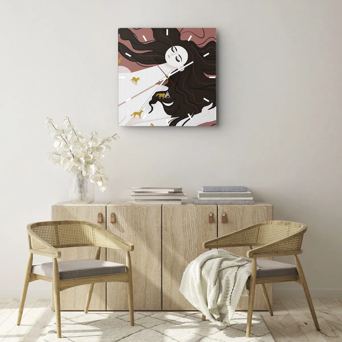 Zegar ścienny - Postać z zamkniętymi oczami otoczona złotymi końmi - 30x30cm - Sen o złotym koniu - Nowoczesna dekoracja ścienna do salonu i sypialni ARTTOR