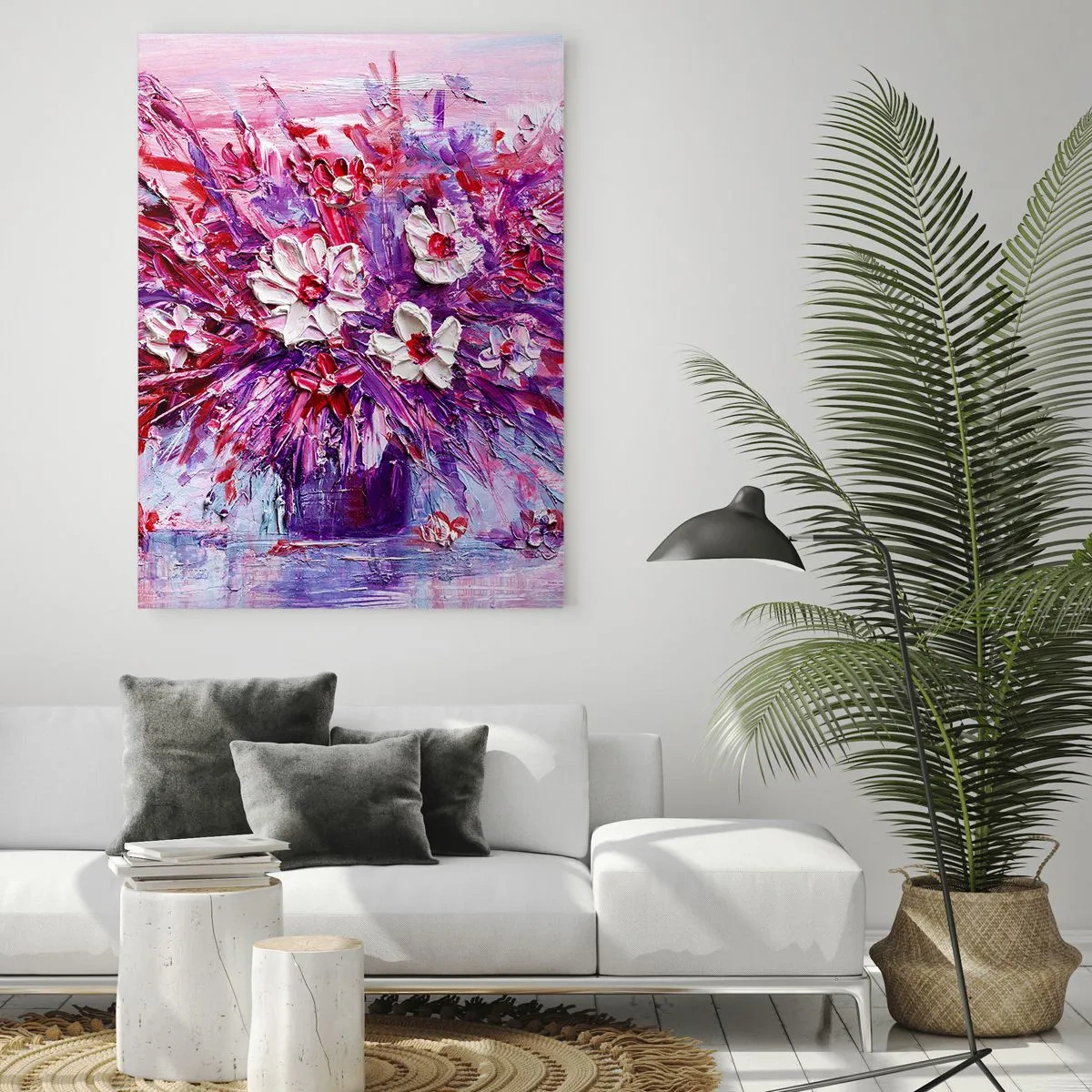 Obraz na szkle - Bukiet kwiatów w odcieniach różu i fioletu - 50x70cm - Niewinność i namiętność - Nowoczesna dekoracja ścienna do salonu, kuchni i sypialni ARTTOR