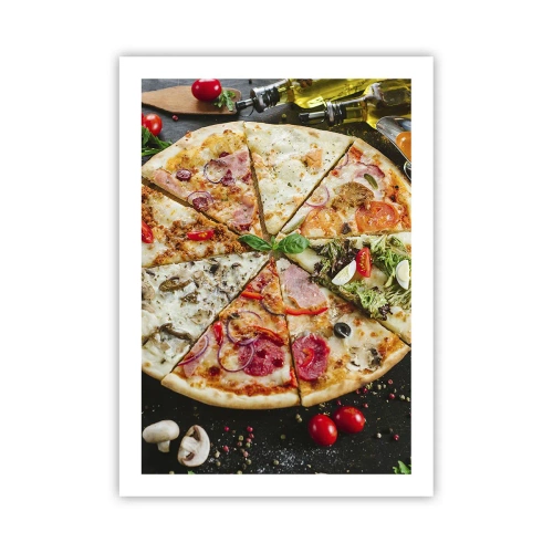 Plakat - Kolorowa pizza podzielona na różnorodne kawałki - 50x70cm - Wachlarz smaków - Nowoczesna dekoracja ścienna do salonu, kuchni i sypialni ARTTOR