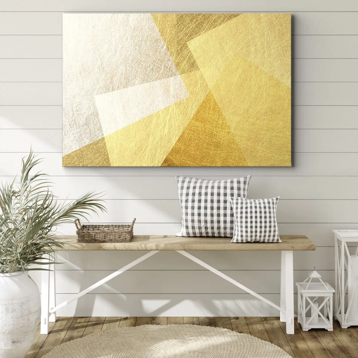 Obraz na płótnie - Geometryczne formy w złotych i jasnych odcieniach - 70x50cm - Pogoda geometrii - Nowoczesna dekoracja ścienna do salonu i sypialni ARTTOR