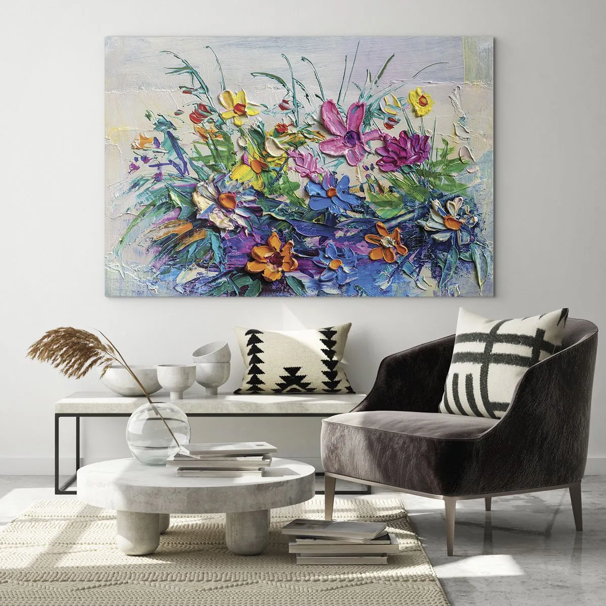 Obraz na szkle - Kolorowa kompozycja kwiatów w malarskim stylu - 70x50cm - Wcale nie-martwa natura - Nowoczesna dekoracja ścienna do salonu i sypialni ARTTOR