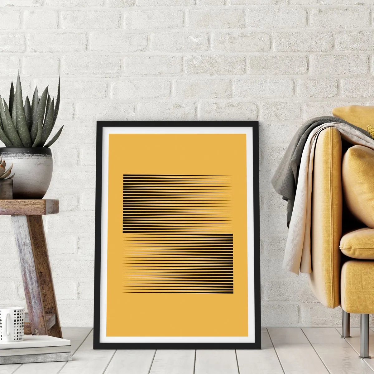 Plakat w czarnej ramie - Minimalistyczna kompozycja linii na musztardowym tle - 50x70cm - Kwadratura przeciwieństw - Nowoczesna dekoracja ścienna do salonu i sypialni ARTTOR