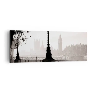 Obraz na płótnie - Monochromatyczny widok na Big Ben i Tamizę - 140x50cm - Londyński poranek - Nowoczesna dekoracja ścienna do salonu i sypialni ARTTOR