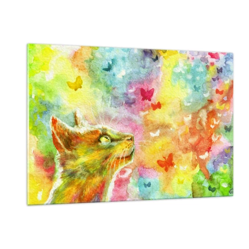Obraz na szkle - Kot obserwujący kolorowe motyle w pastelowym tle - 120x80cm - Baju-baju w kocim raju - Nowoczesna dekoracja ścienna do salonu, kuchni i sypialni ARTTOR