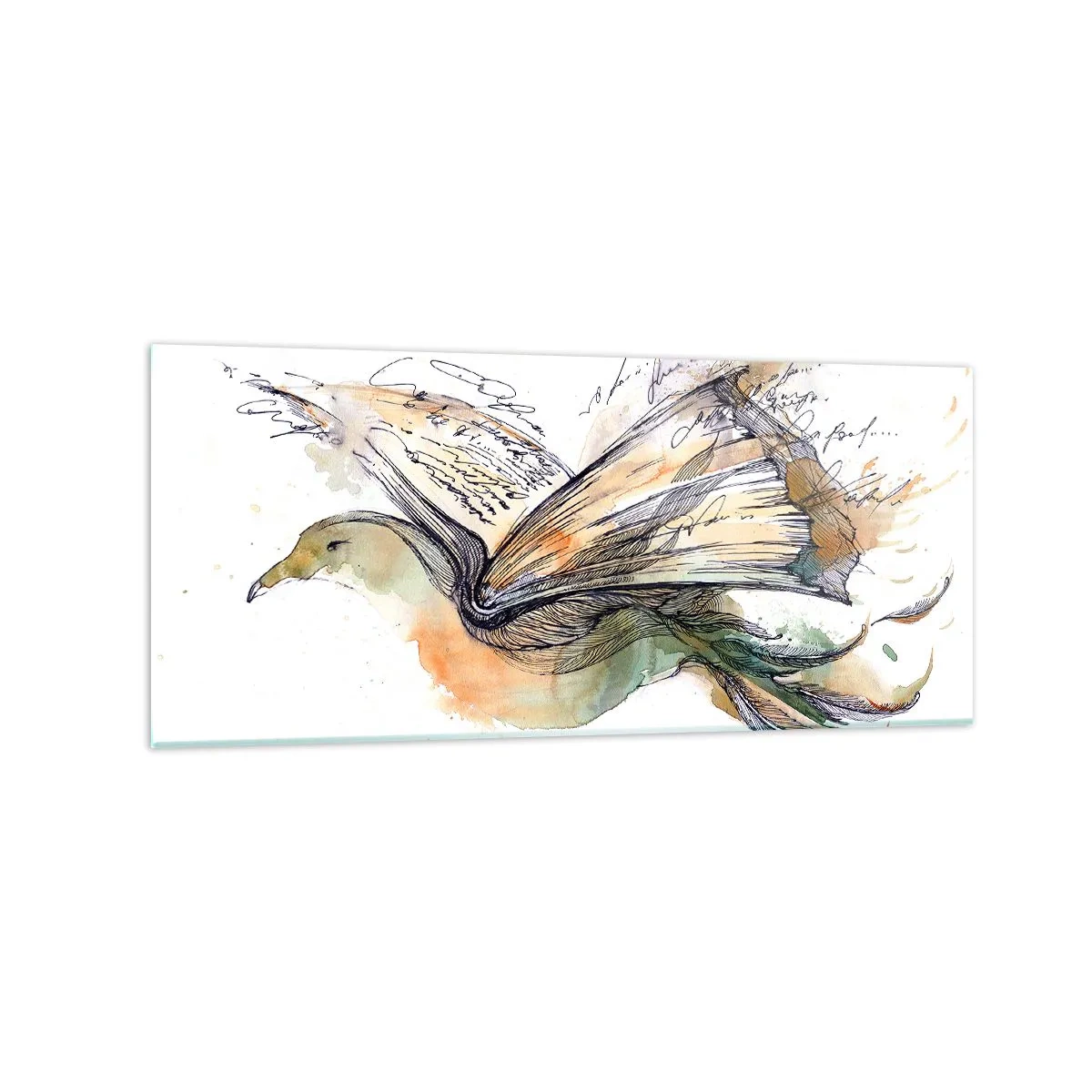 Obraz na szkle - Artystyczna akwarela ptaka z książką jako skrzydłami - 120x50cm - Na skrzydłach poezji - Nowoczesna dekoracja ścienna do salonu i sypialni ARTTOR