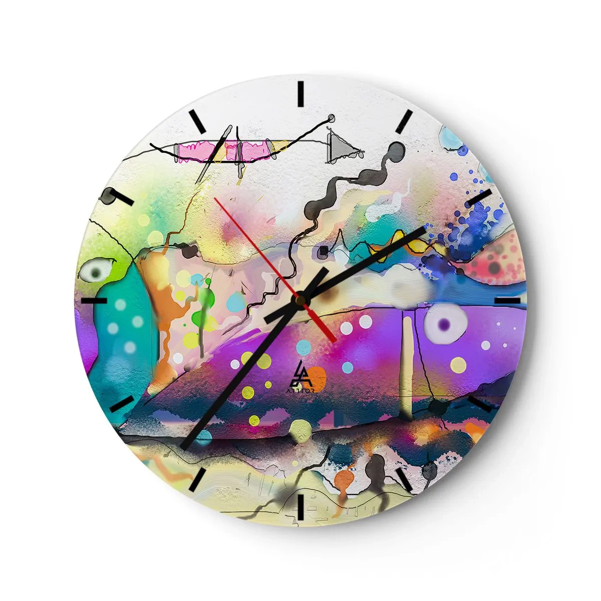 Zegar ścienny - Kolorowa abstrakcja z delikatnymi geometrycznymi kształtami - 30x30cm - Brak słów! - Nowoczesna dekoracja ścienna do salonu, kuchni i sypialni ARTTOR