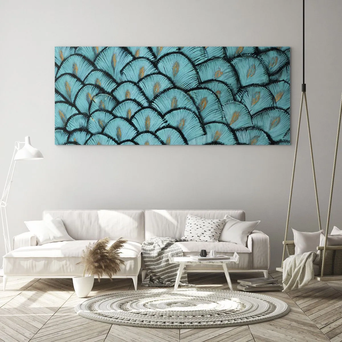 Obraz na szkle - Wzór przypominający turkusowe łuski z akcentami złota - 120x50cm - Wielka gala piór - Nowoczesna dekoracja ścienna do salonu i sypialni ARTTOR