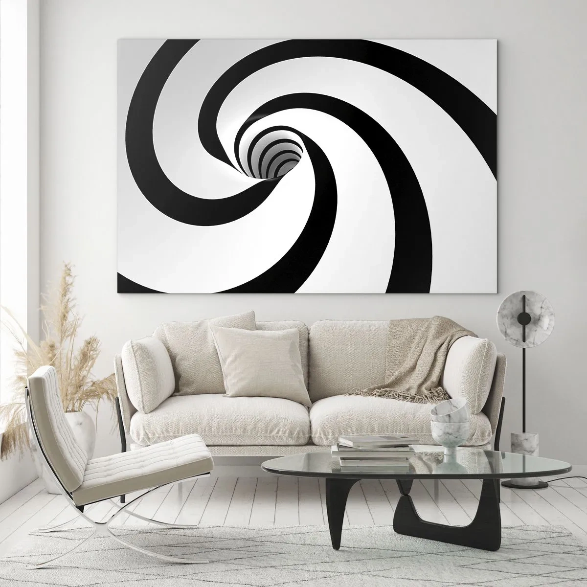 Obraz na szkle - Hipnotyczny wzór spirali w czerni i bieli - 70x50cm - Poddać się wirowi? - Nowoczesna dekoracja ścienna do salonu i sypialni ARTTOR