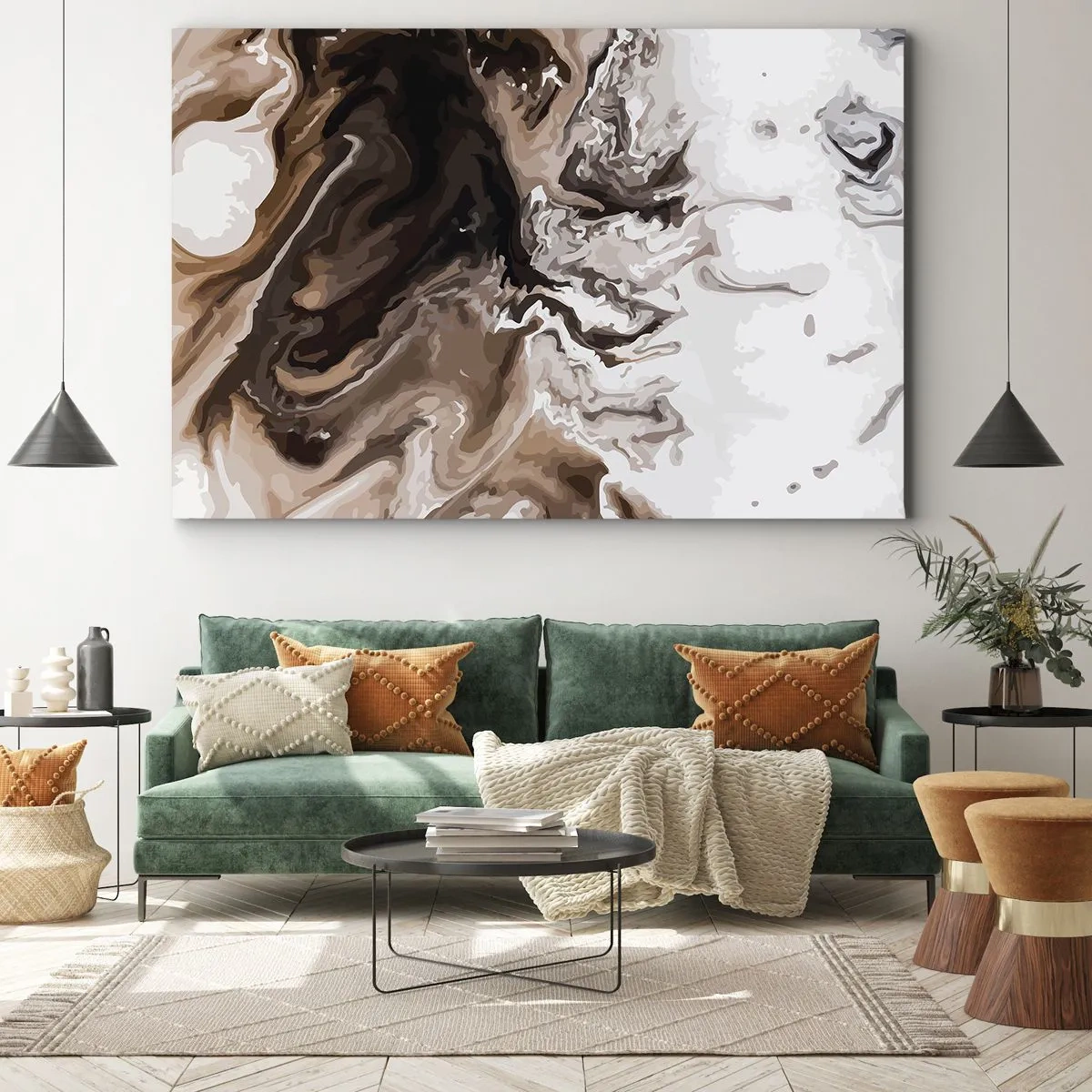 Obraz na płótnie - Abstrakcja w odcieniach brązu z dynamicznymi liniami - 70x50cm - Kontredans barw - Nowoczesna dekoracja ścienna do salonu i sypialni ARTTOR