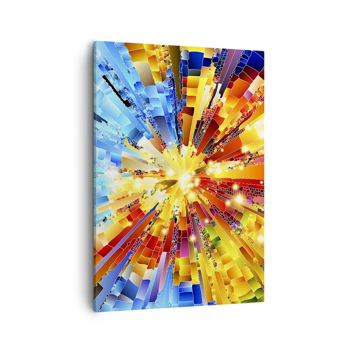 Obraz na płótnie - Dynamiczna abstrakcja w odcieniach żółci, czerwieni i błękitu z efektem eksplozji światła - 50x70cm - In medias res - Nowoczesna dekoracja ścienna do salonu, kuchni i sypialni ARTTOR