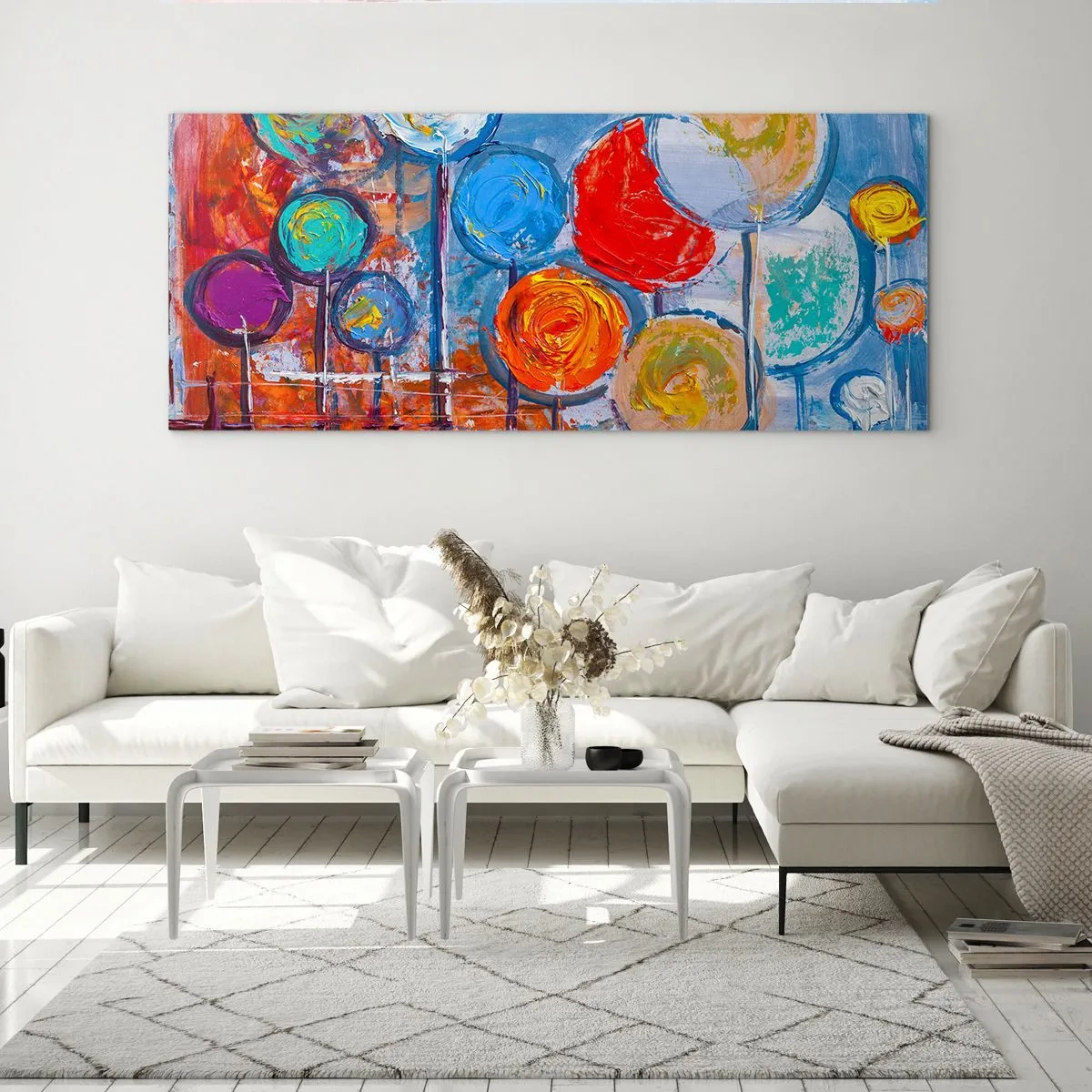 Obraz na szkle - Kolorowe abstrakcyjne drzewa na niebieskim tle - 160x50cm - Cuda na kiju - Nowoczesna dekoracja ścienna do salonu i sypialni ARTTOR