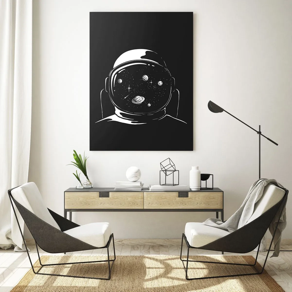Obraz na szkle - Astronauta z gwiazdami i planetami w hełmie na czarnym tle - 50x70cm - Niezły widok - Nowoczesna dekoracja ścienna do salonu, kuchni i sypialni ARTTOR