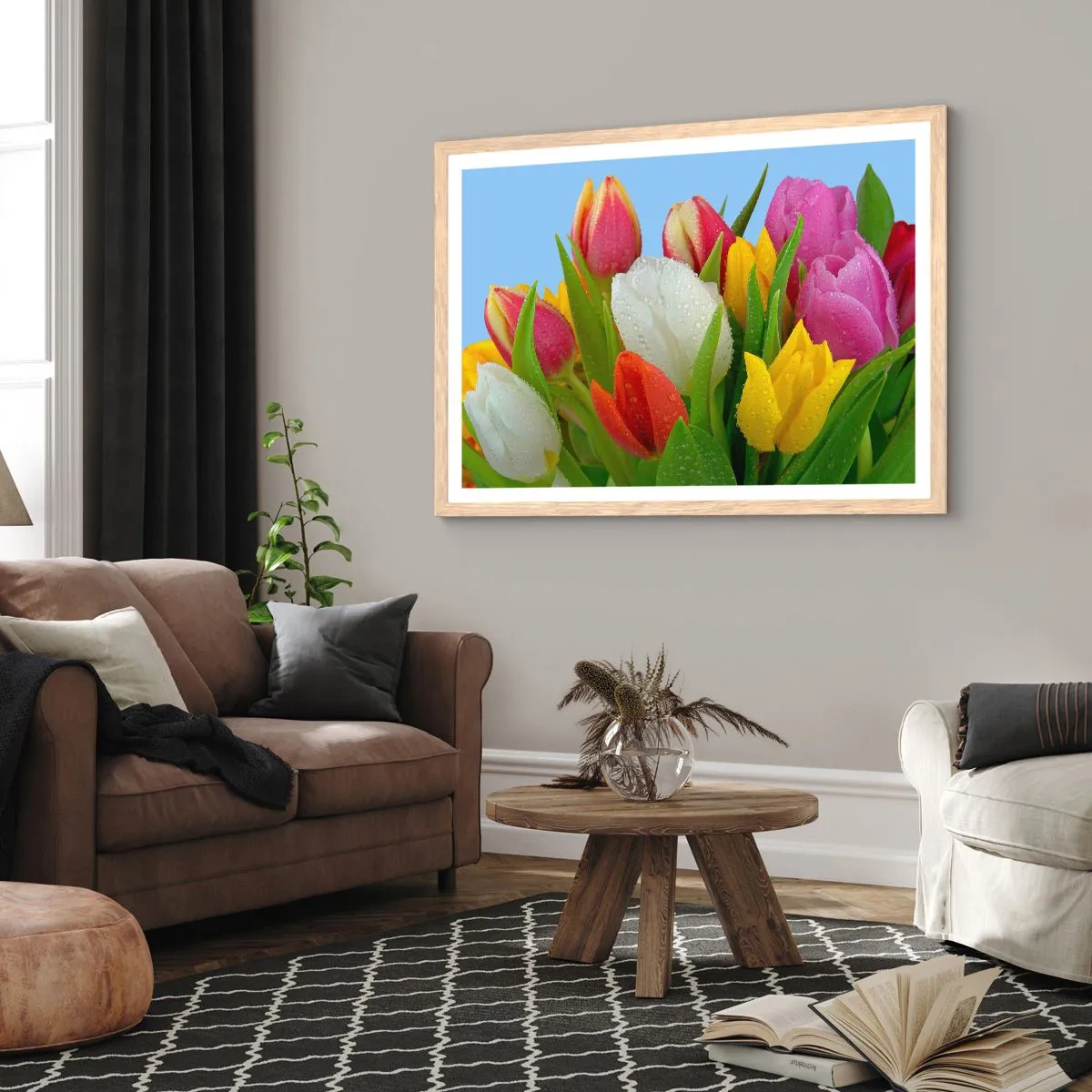 Plakat w ramie jasny dąb - Kwiatowa tęcza w kroplach rosy - 50x40 cm