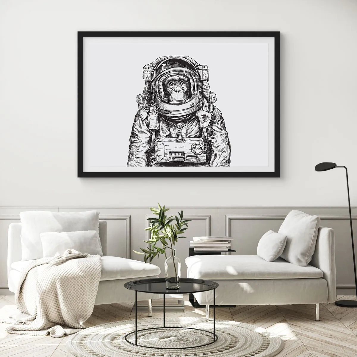 Plakat w czarnej ramie - Grafika astronauty w skafandrze z głową małpy - 70x50cm - Alternatywna ewolucja - Nowoczesna dekoracja ścienna do salonu i sypialni ARTTOR