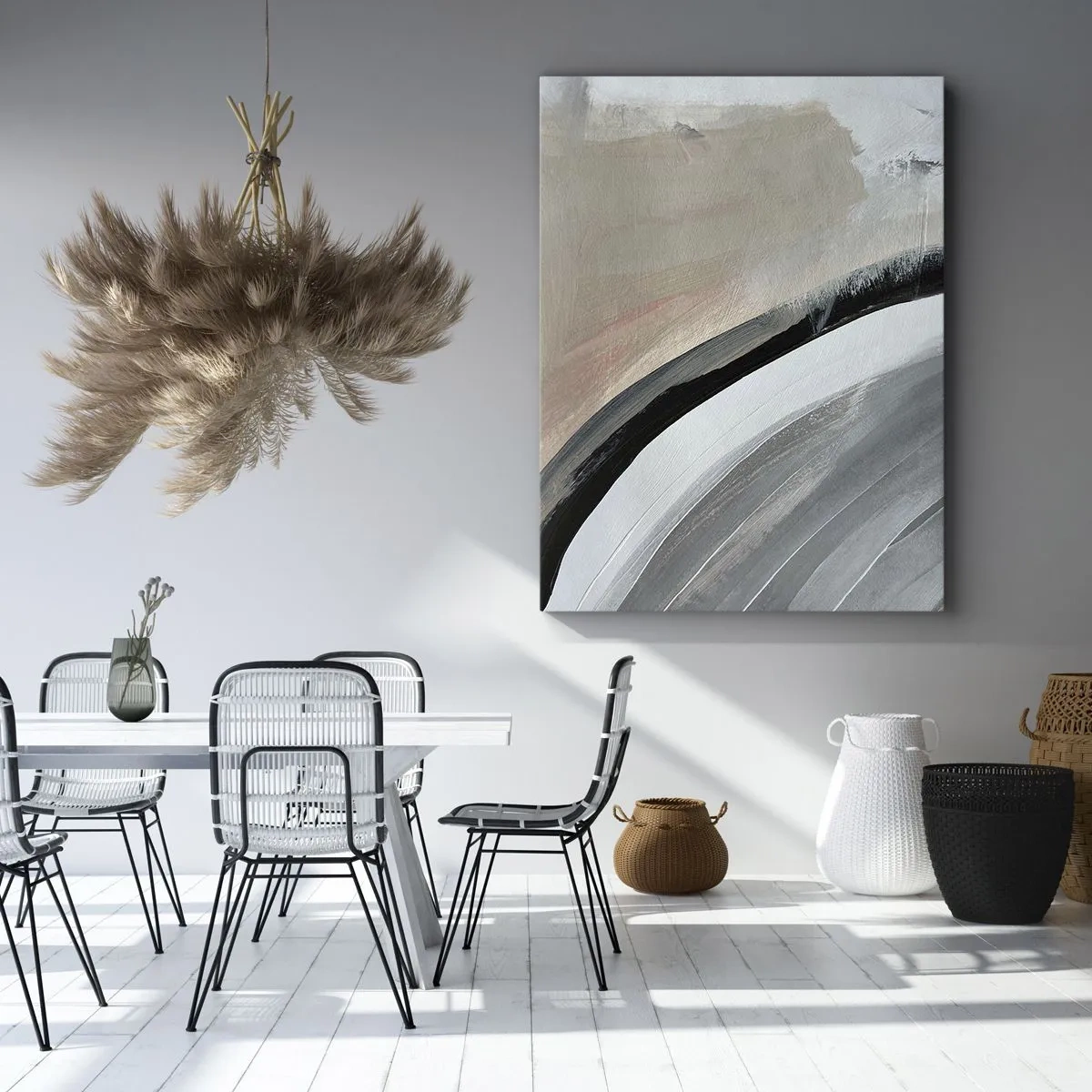 Obraz na płótnie - Abstrakcyjna kompozycja w odcieniach beżu, szarości i czerni - 50x70cm - Kompozycja: łuk czerni i szarości - Nowoczesna dekoracja ścienna do salonu, kuchni i sypialni ARTTOR